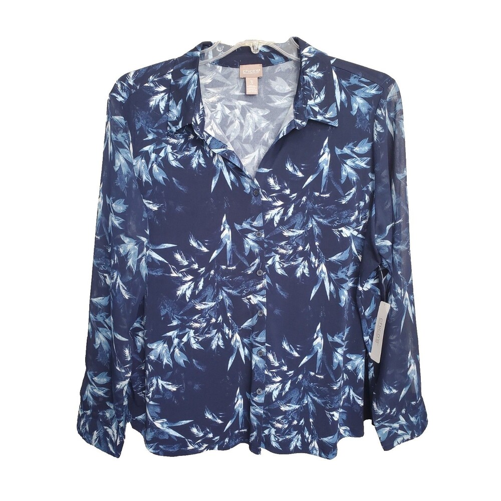 Chico's Blue Mixed Media Abstract Floral Print Button-Up Blouse Size 3 (XL) NWT